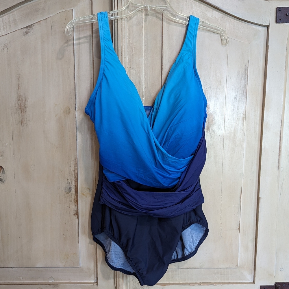 Lands End Women's Plus One Piece Swimsuit Size 18W Ombre Faux Wrap Blue